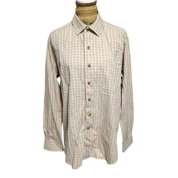 David Donahue Beige Windowpane Plaid Men's Button Down Dress Shirt XL - Picture 2 of 5